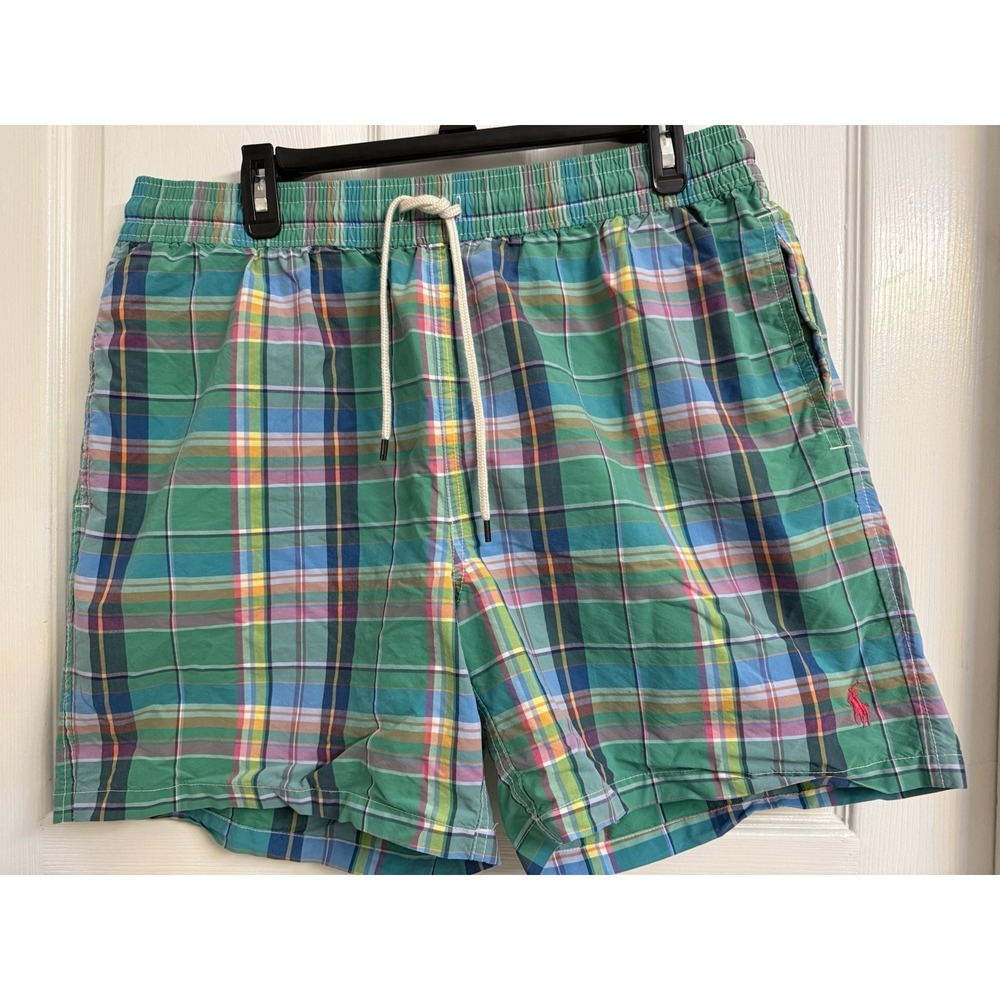VTG Polo Ralph Lauren Madras Plaid Swim Shorts Men's XL Lined Vacation Resort